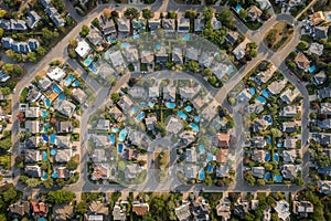 Top Down Aerial View of Houses and Streets in Beautiful Residential Neighbourhood During Summer, Montreal, Quebec, Canada