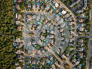 Top Down Aerial View of Houses and Streets in Beautiful Residential Neighbourhood During Summer, Montreal, Quebec, Canada