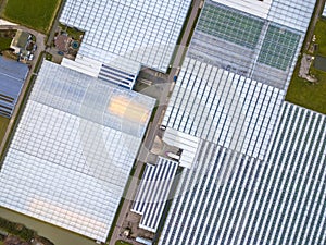 Top down Aerial view of huge Greenhouse horticulture area