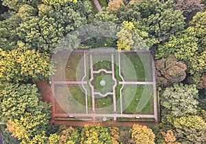 Top down aerial view of landscape garden with symmetrical design and shapes