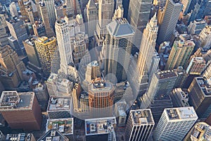 Top down aerial view of lower Manhattan financial district with modern architecture
