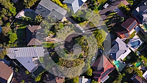 Top down aerial view of a residential area with houses