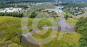 Top down aerial view of River Park in background