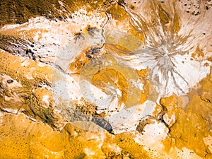 Top down aerial view scenic natural mud volcanoes formations in Chachuna nature reserve, Georgia