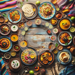 Top down aerial view of several Indian dishes served on wooden surface