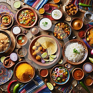 Top down aerial view of several Indian dishes served on wooden surface