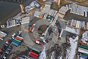 Top down aerial view of shipping containers in industrial port area in New Jersey, United states