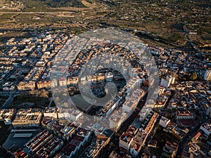 Top down aerial view of small town center in Canals, Spain