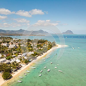 Top down aerial view of tropical beach in Black River, Mauritius island.