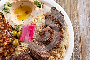 top down beef shish kabob plate