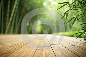 Close Up of Smooth Wooden Bamboo Floor with Blurred Green Background photo