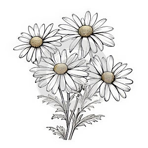 Top-down Daisy Line Art: Detailed Monochrome Drawing Of Garden Wildflowers