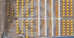 Top down drone aerial view of the umbrellas and gazebos on Italian sandy beaches. Riccione, Italy. Adriatic coast