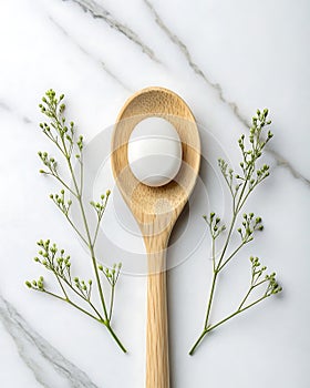 White Egg in Wooden Spoon with Greenery on Marble Surface
