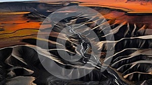 Top down flat view dramatic volcanic landsca...