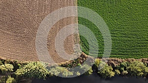 Separation and contrast between a harvested field and a plowed field in rural agricultural farmland,