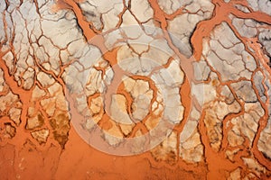 top-down image of terracotta-colored mudflats