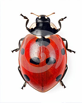 top-down macro view of red ladybug with black spots on white background