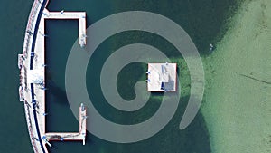 top down over diving boards and swimming platforms at a bayside protected swimming lap area, Geelong seaside waterfront,