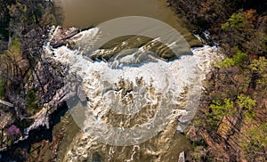 Top down over flooded Valley Falls on a bright spring morning