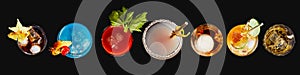 Top down panorama of exotic alcoholic cocktails