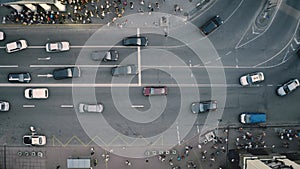 Top down pedestrians crosswalk road aerial. People cross street. Cityscape crossroad. Men, women