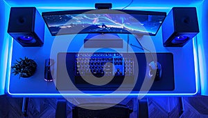 Futuristic Blue LED Gaming Battlestation Desk