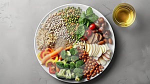 Top view of a nutritious plate featuring whole grains, vegetables, legumes, and nuts with a glass of water photo