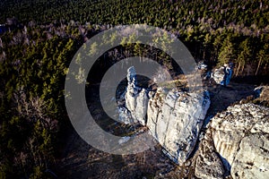 Top down view/ Aerial view over limestone rocks on the Mountain KoÅ‚oczek in Podlesice Upland Cracow