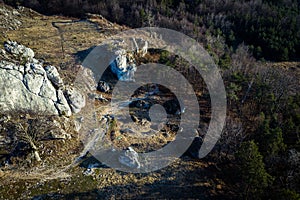 Top down view/ Aerial view over limestone rocks on the Mountain KoÅ‚oczek in Podlesice Upland Cracow