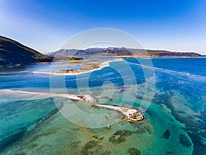 Top down view of Agios Nikolaos island near Lefkada Town in Greece Ioanian Islands as seen from above photo