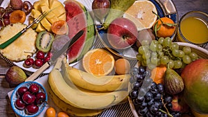 Top down view of an assortment of healthy, organic fruits