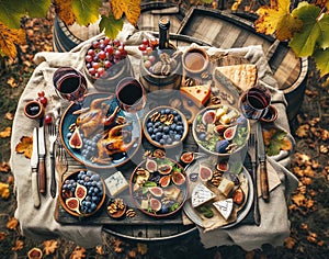Top-down view of an autumn vineyard harvest lunch, featuring grilled quail, fig and walnut salad, a cheese platter with