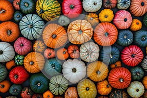 A top-down view of a background filled with multicolored pumpkins, creating a vibrant pattern