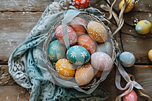top-down view of a basket of painted Easter eggs. The basket is made of wire, and there are ribbons and bows around it
