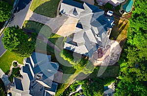 Top down view of beautiful houses in an upscale subdivision in suburbs of USA