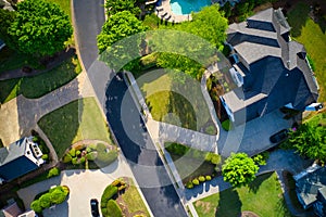 Top down view of beautiful houses in an upscale subdivision in suburbs of USA