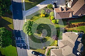 Top down view of beautiful houses in an upscale subdivision in suburbs of USA