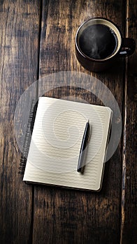 top-down view blank notebook pen steaming coffee rustic table writing creativity morning routine