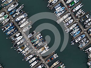 Top down view of boats docked in Tamsui Fisherman's Wharf, New Taipei City, Taiwan