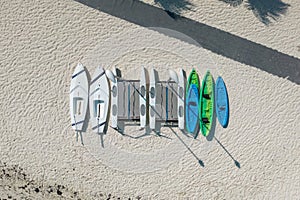 Top down view of boats for water sports at Cancun beach in Mexico
