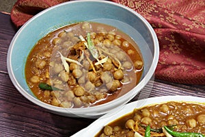 Top down view of a bowl of spicy and tangy Amritsari Chole