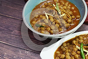 Top down view of a bowl of spicy and tangy Amritsari Chole