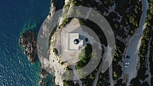 Top down view of Cape of Ducato, famous lighthouse of Greek island Lefkada.