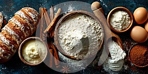 Top down view Christmas baking ingredients layout