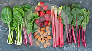 Top-Down View of a Colorful Arrangement of Raw Spinach, Beet Greens, Sliced Beetroot, Rhubarb Stalks, Almonds, and