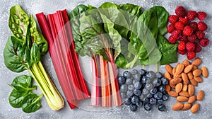 Top-Down View of a Colorful Arrangement of Raw Spinach, Beet Greens, Sliced Beetroot, Rhubarb Stalks, Almonds, and