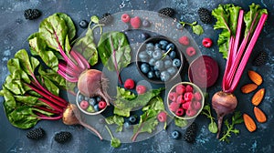 Top-Down View of a Colorful Arrangement of Raw Spinach, Beet Greens, Sliced Beetroot, Rhubarb Stalks, Almonds, and