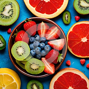 A top-down view of a colorful fruit salad with strawberries, kiwis, blueberries, and bananas