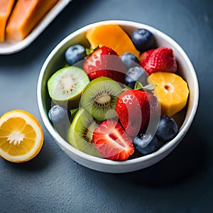 A top-down view of a colorful fruit salad with strawberries, kiwis, blueberries, and bananas